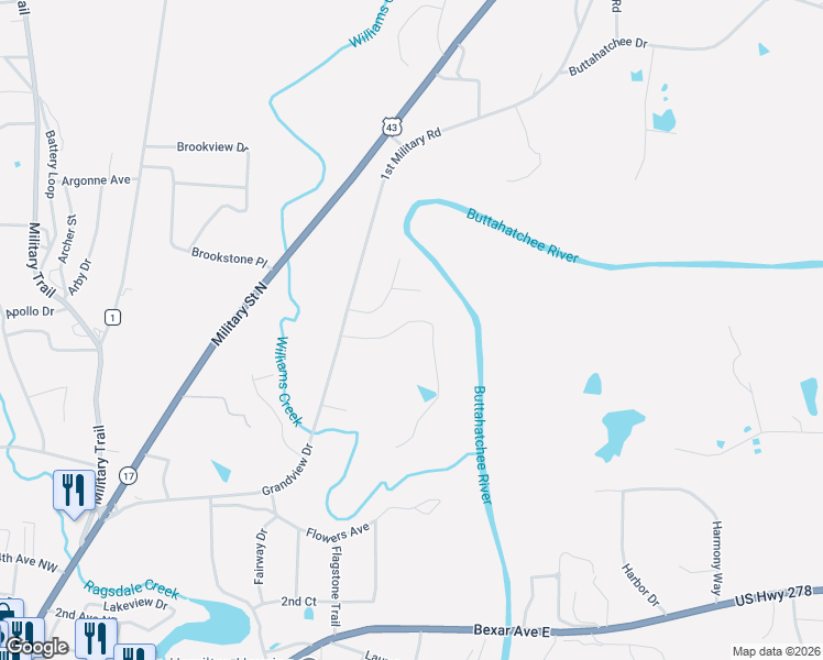 map of restaurants, bars, coffee shops, grocery stores, and more near 253 North Riverside Drive in Hamilton