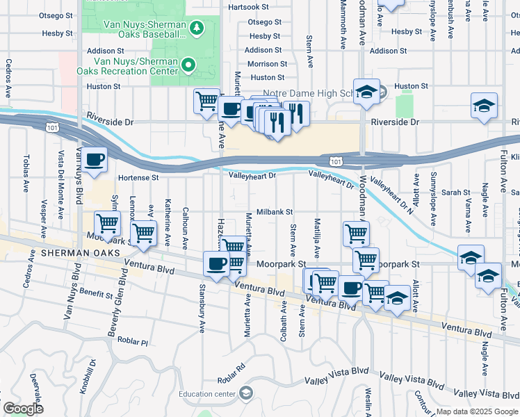 map of restaurants, bars, coffee shops, grocery stores, and more near 14007 Milbank Street in Los Angeles