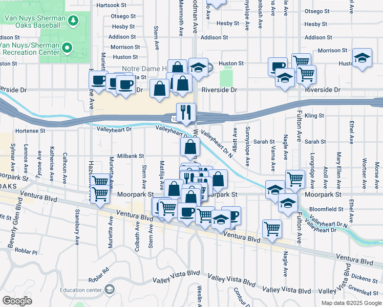 map of restaurants, bars, coffee shops, grocery stores, and more near 4522 Woodman Avenue in Los Angeles