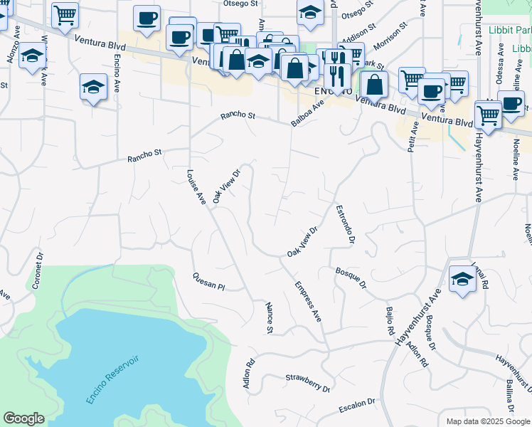 map of restaurants, bars, coffee shops, grocery stores, and more near 4507 Balboa Avenue in Los Angeles