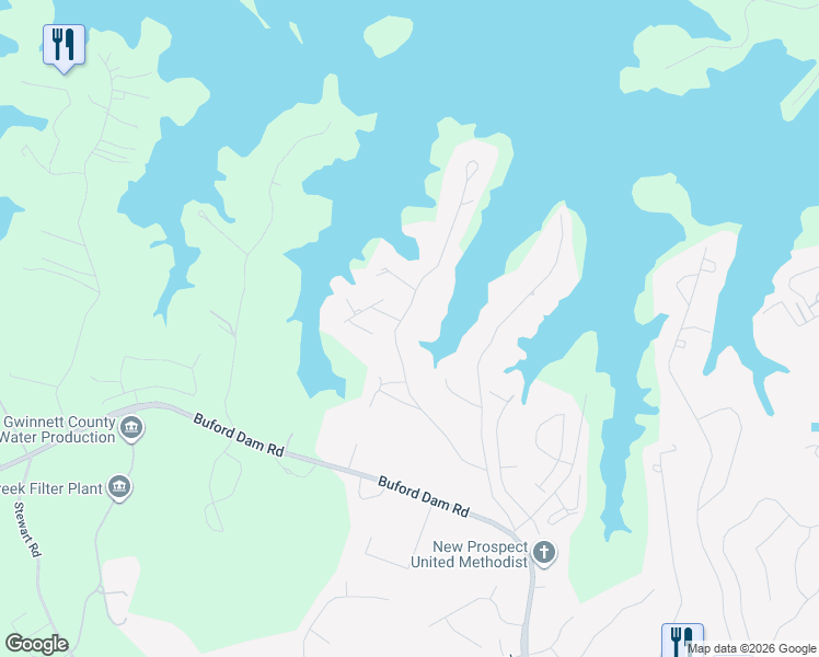 map of restaurants, bars, coffee shops, grocery stores, and more near 6265 Lakeview Drive in Buford