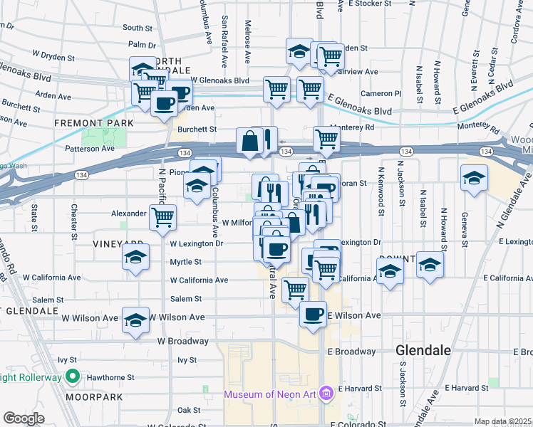 map of restaurants, bars, coffee shops, grocery stores, and more near 511 North Central Avenue in Glendale