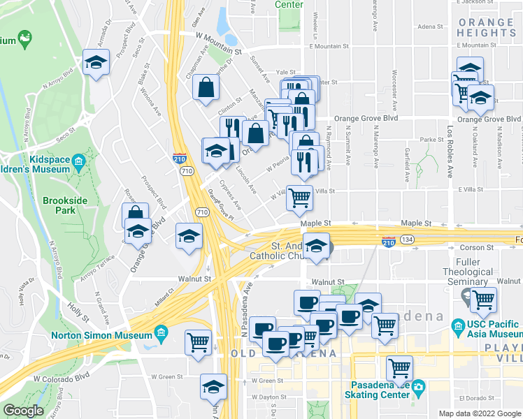 map of restaurants, bars, coffee shops, grocery stores, and more near in Pasadena