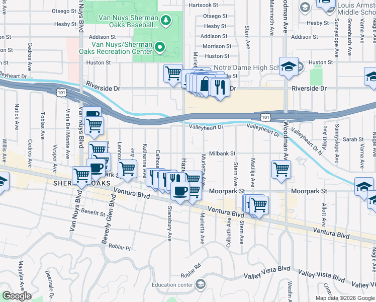 map of restaurants, bars, coffee shops, grocery stores, and more near 14061 Milbank Street in Los Angeles