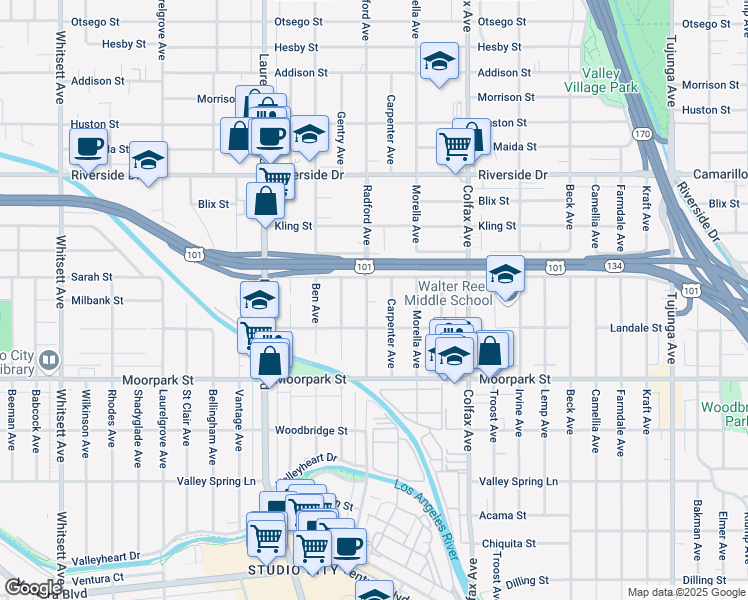 map of restaurants, bars, coffee shops, grocery stores, and more near 4550 Radford Avenue in Los Angeles
