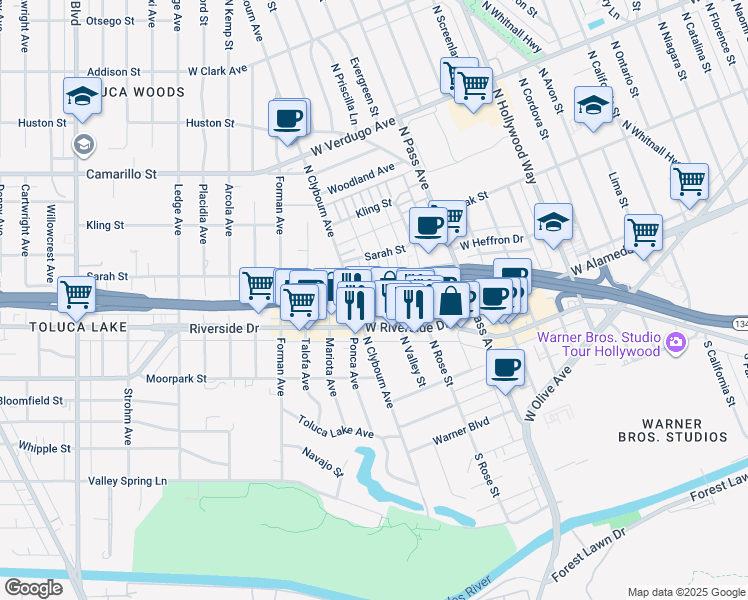 map of restaurants, bars, coffee shops, grocery stores, and more near 235 North Valley Street in Burbank