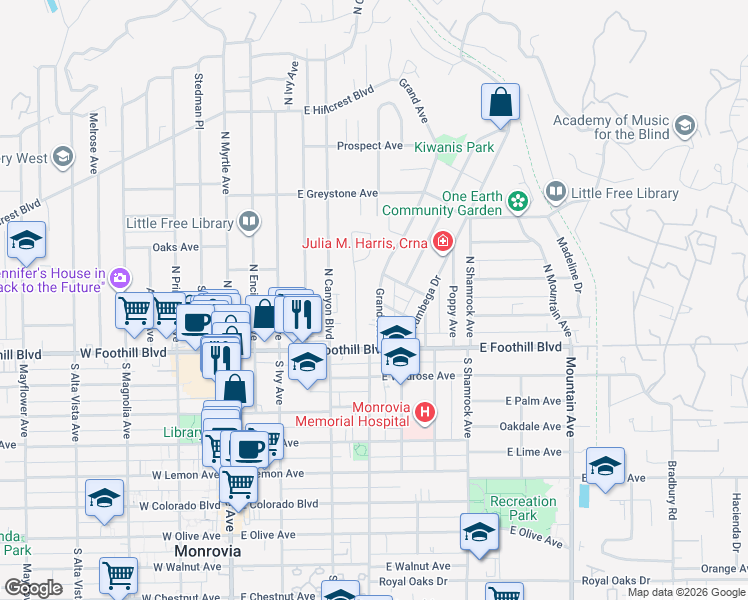 map of restaurants, bars, coffee shops, grocery stores, and more near 162 Grand Avenue in Monrovia