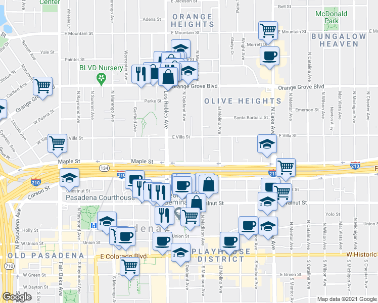 map of restaurants, bars, coffee shops, grocery stores, and more near 434 North Oakland Avenue in Pasadena
