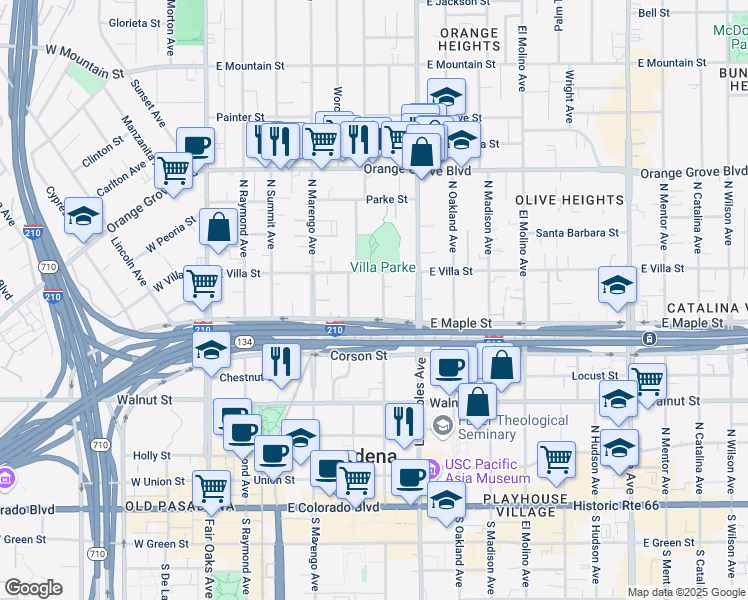 map of restaurants, bars, coffee shops, grocery stores, and more near 442 North Euclid Avenue in Pasadena