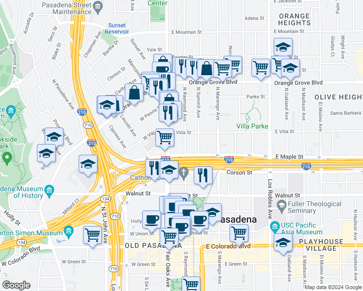 map of restaurants, bars, coffee shops, grocery stores, and more near 445 North Raymond Avenue in Pasadena
