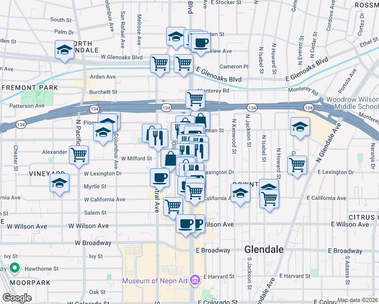 map of restaurants, bars, coffee shops, grocery stores, and more near 505 North Brand Boulevard in Glendale