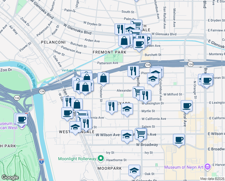 map of restaurants, bars, coffee shops, grocery stores, and more near 649 Alexander Street in Glendale
