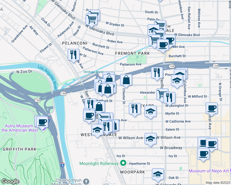 map of restaurants, bars, coffee shops, grocery stores, and more near 533 Chester Street in Glendale