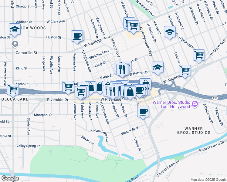 map of restaurants, bars, coffee shops, grocery stores, and more near 225 North Rose Street in Burbank