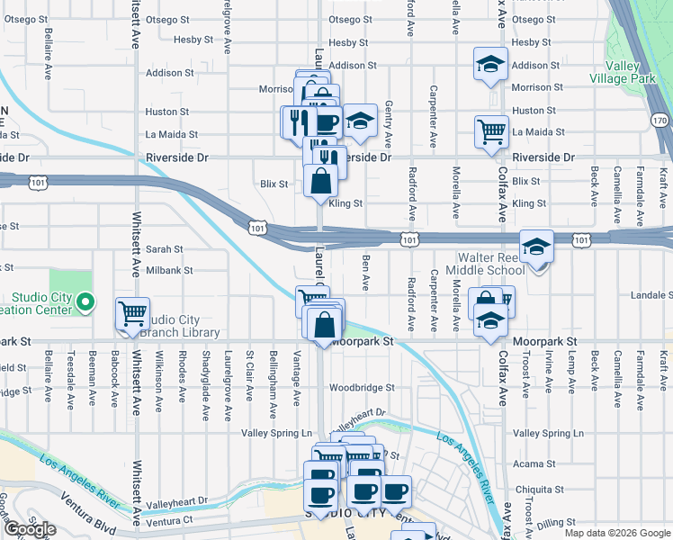 map of restaurants, bars, coffee shops, grocery stores, and more near 12018 Sarah Street in Los Angeles