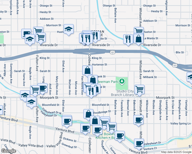 map of restaurants, bars, coffee shops, grocery stores, and more near 12849 Milbank Street in Los Angeles