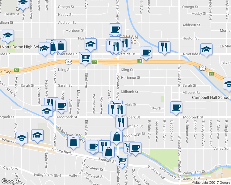 map of restaurants, bars, coffee shops, grocery stores, and more near 4544 Van Noord Avenue in Los Angeles