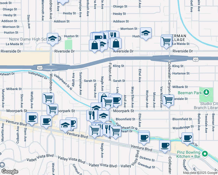 map of restaurants, bars, coffee shops, grocery stores, and more near 4549 Longridge Avenue in Los Angeles