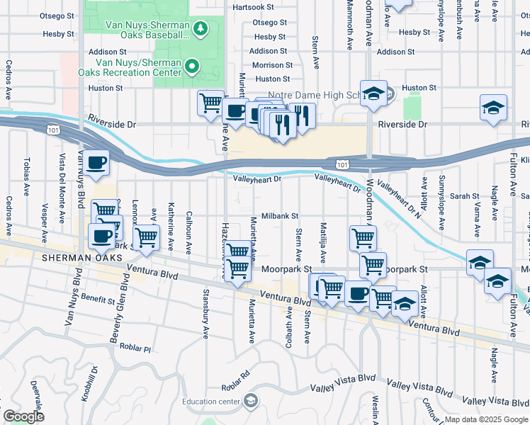 map of restaurants, bars, coffee shops, grocery stores, and more near 4505 Colbath Avenue in Los Angeles