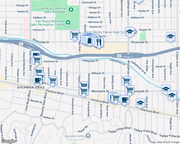 map of restaurants, bars, coffee shops, grocery stores, and more near 4525 Murietta Avenue in Los Angeles