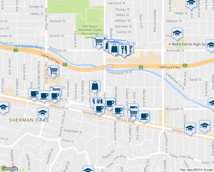 map of restaurants, bars, coffee shops, grocery stores, and more near 4515 1/2 Hazeltine Avenue in Los Angeles