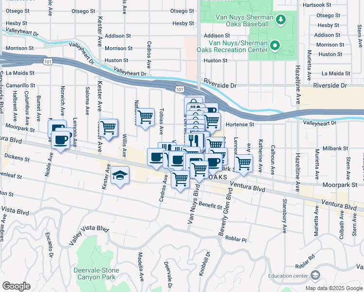 map of restaurants, bars, coffee shops, grocery stores, and more near 4508 Vesper Avenue in Los Angeles