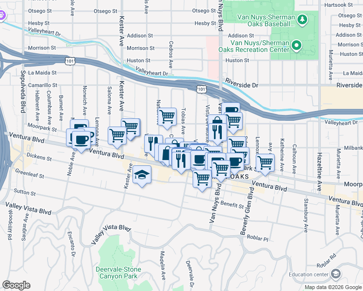 map of restaurants, bars, coffee shops, grocery stores, and more near 4513 Tobias Avenue in Los Angeles