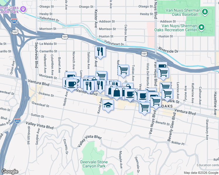 map of restaurants, bars, coffee shops, grocery stores, and more near 4542 Willis Avenue in Los Angeles