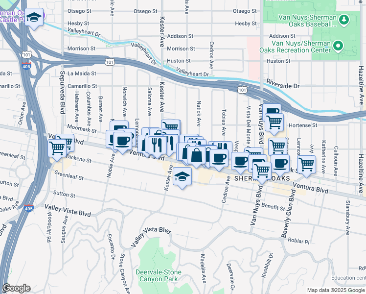 map of restaurants, bars, coffee shops, grocery stores, and more near 4542 Willis Avenue in Los Angeles