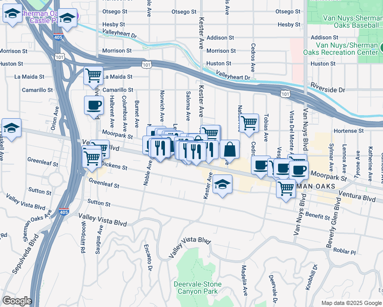 map of restaurants, bars, coffee shops, grocery stores, and more near 14911 Moorpark Street in Los Angeles