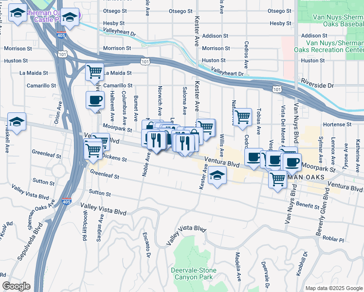 map of restaurants, bars, coffee shops, grocery stores, and more near 14958 Moorpark Street in Los Angeles