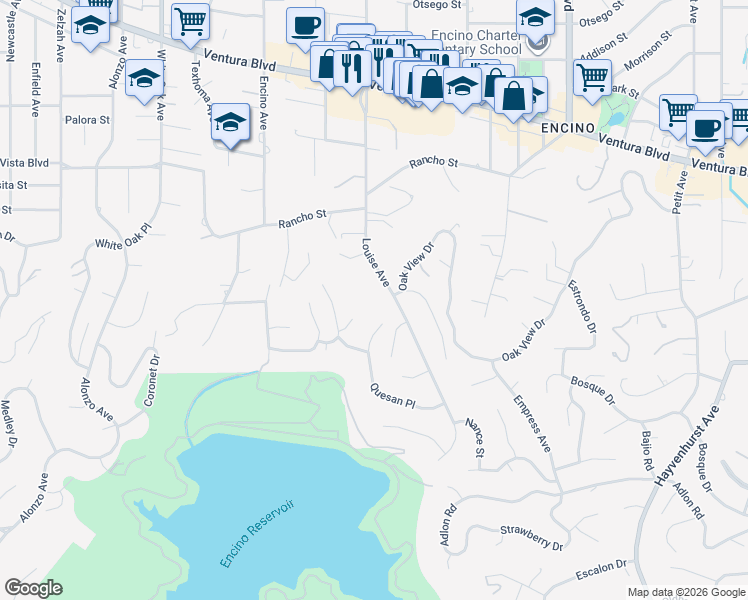 map of restaurants, bars, coffee shops, grocery stores, and more near 4609 Louise Avenue in Los Angeles
