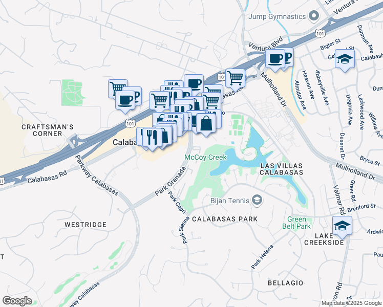 map of restaurants, bars, coffee shops, grocery stores, and more near 4724 Park Granada in Calabasas