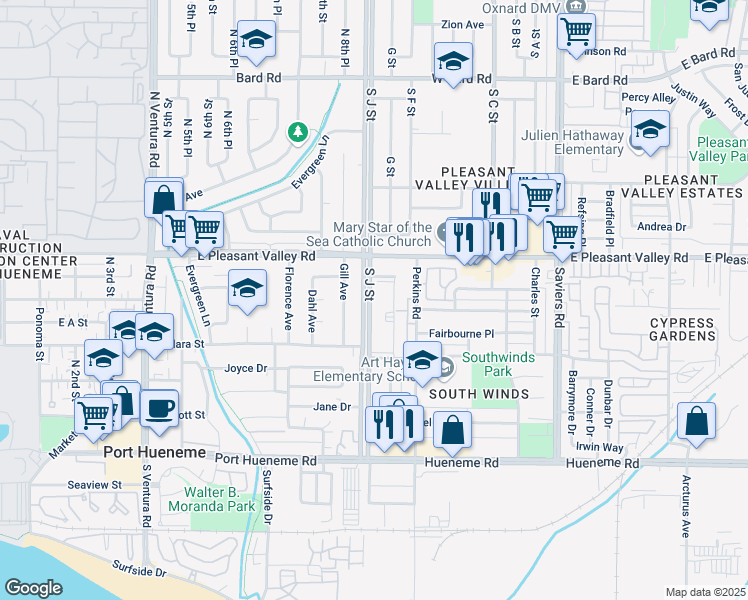 map of restaurants, bars, coffee shops, grocery stores, and more near 5200 South J Street in Oxnard