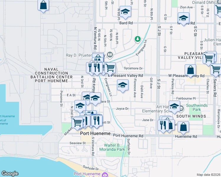 map of restaurants, bars, coffee shops, grocery stores, and more near 653 Evergreen Square in Port Hueneme