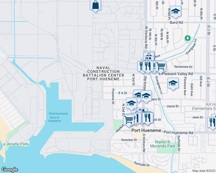 map of restaurants, bars, coffee shops, grocery stores, and more near 115 West B Street in Port Hueneme