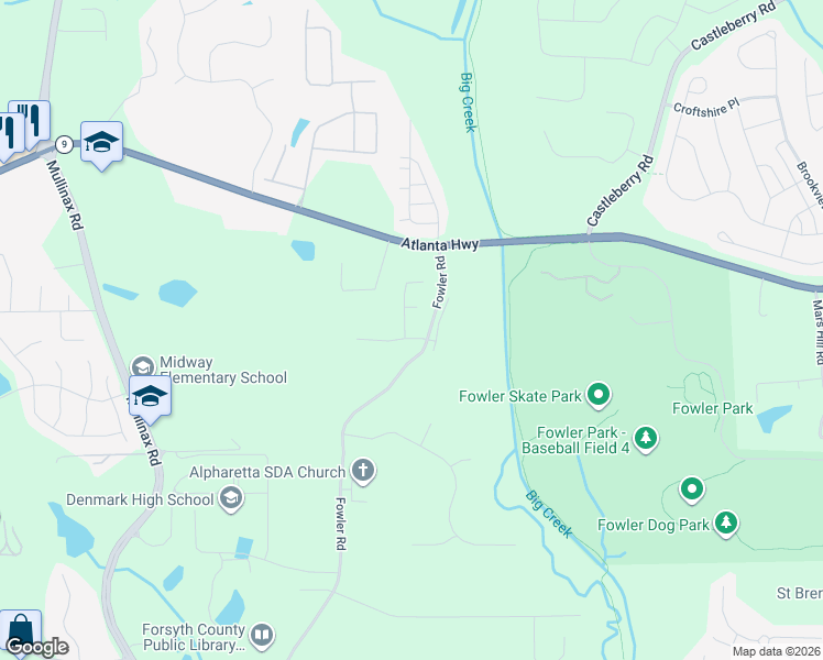 map of restaurants, bars, coffee shops, grocery stores, and more near 220 Fowler Springs Court in Alpharetta