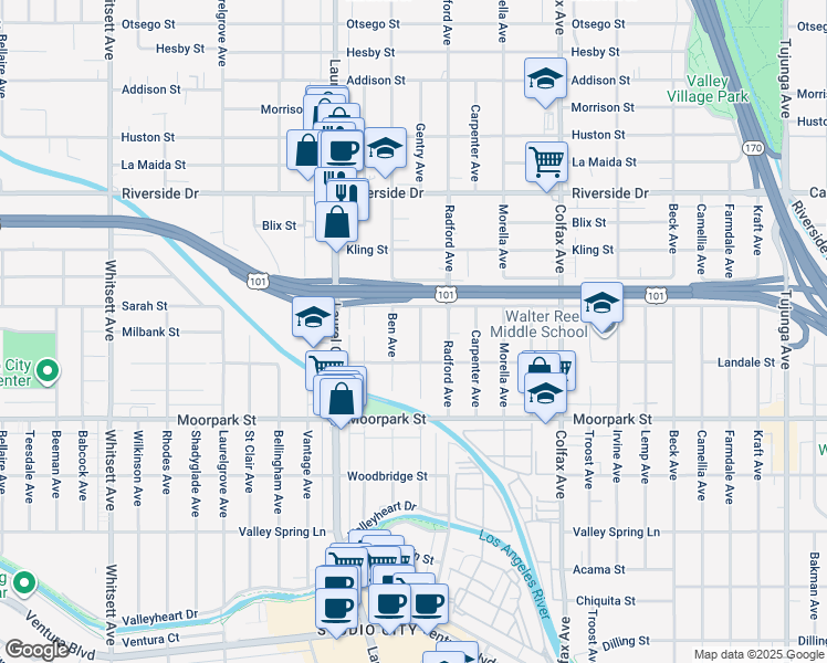 map of restaurants, bars, coffee shops, grocery stores, and more near 4533 Gentry Avenue in Los Angeles