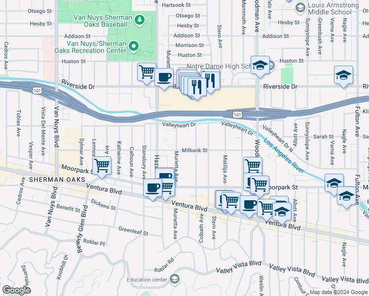 map of restaurants, bars, coffee shops, grocery stores, and more near 14007 Milbank Street in Los Angeles