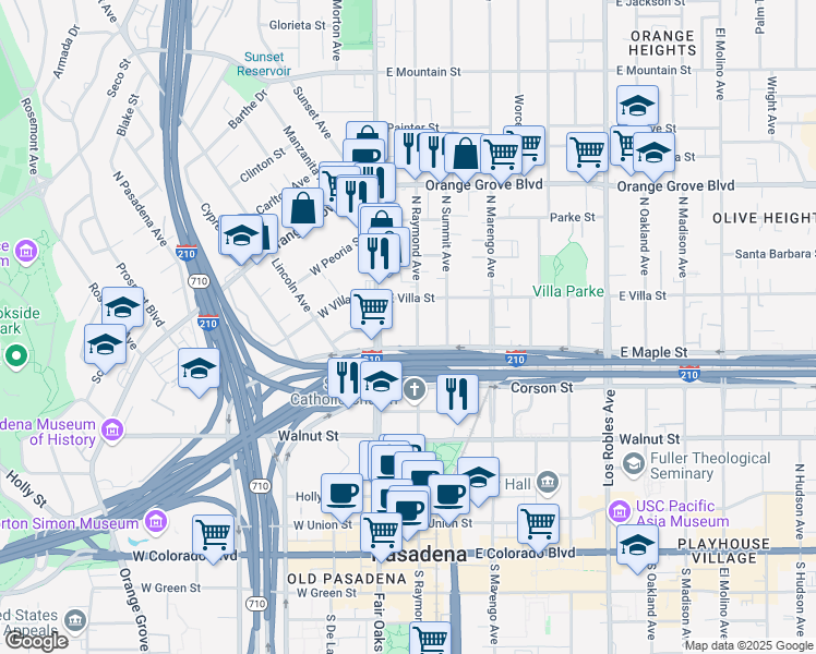 map of restaurants, bars, coffee shops, grocery stores, and more near 425 North Raymond Avenue in Pasadena