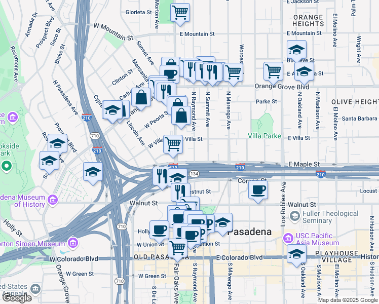 map of restaurants, bars, coffee shops, grocery stores, and more near 425 North Raymond Avenue in Pasadena