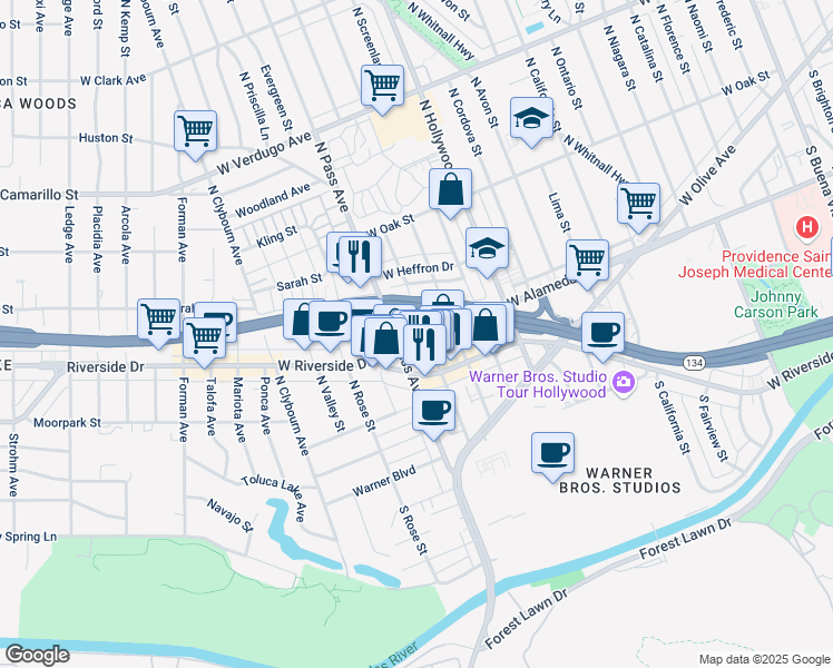 map of restaurants, bars, coffee shops, grocery stores, and more near in Burbank