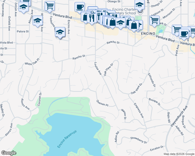 map of restaurants, bars, coffee shops, grocery stores, and more near 4609 Louise Avenue in Los Angeles
