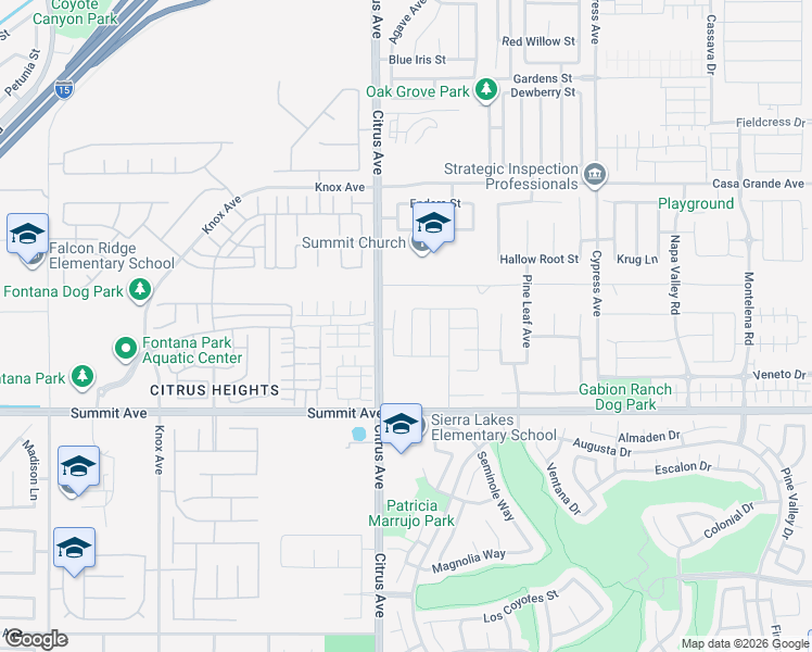 map of restaurants, bars, coffee shops, grocery stores, and more near 5532 Bertini Way in Fontana