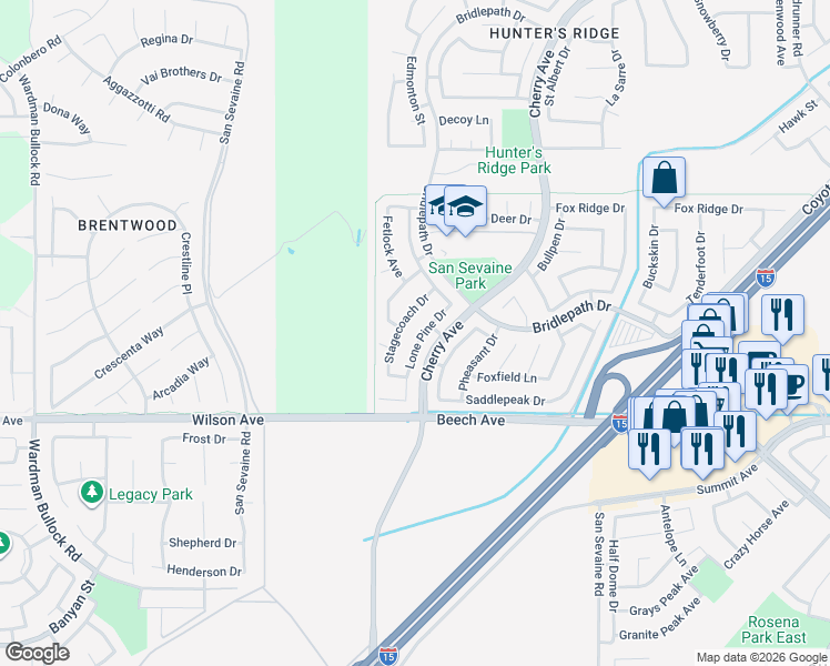 map of restaurants, bars, coffee shops, grocery stores, and more near 5531 Lone Pine Drive in Fontana