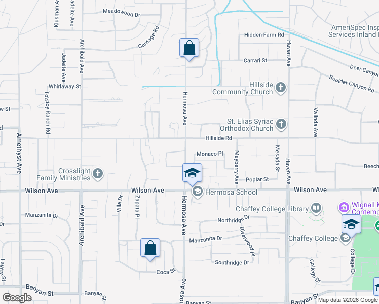 map of restaurants, bars, coffee shops, grocery stores, and more near 10158 Monaco Place in Rancho Cucamonga