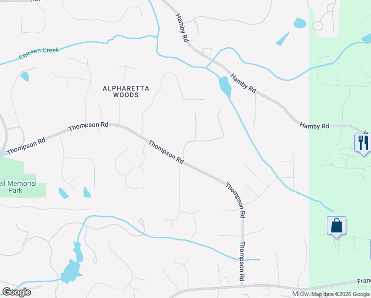 map of restaurants, bars, coffee shops, grocery stores, and more near 15790 South Thompson Road in Alpharetta