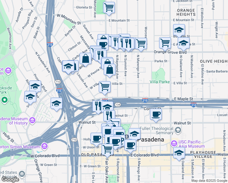 map of restaurants, bars, coffee shops, grocery stores, and more near 445 North Raymond Avenue in Pasadena