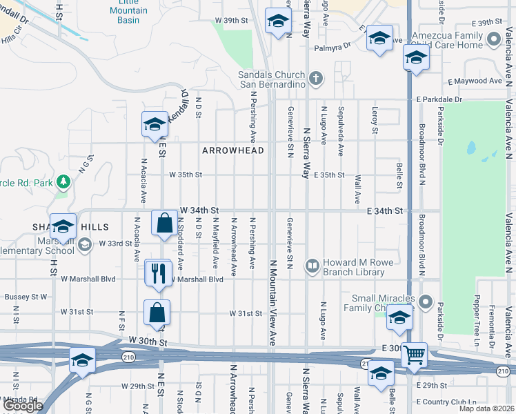 map of restaurants, bars, coffee shops, grocery stores, and more near 3416 North Mountain View Avenue in San Bernardino