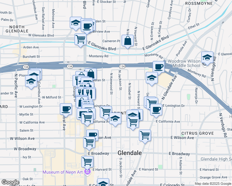 map of restaurants, bars, coffee shops, grocery stores, and more near 510 North Jackson Street in Glendale
